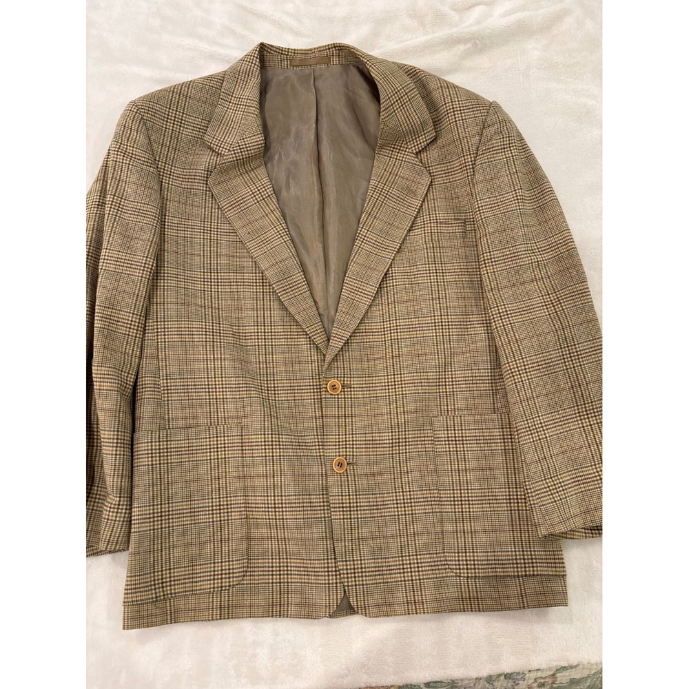 St Michael Marks & Spencer Vintage Wool Linen Plaid Blazer Beige 42M UK Made